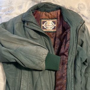 80s-90s Real leather Bomber Green Jacket Paisley Satin Lining (Full Zip) Size M